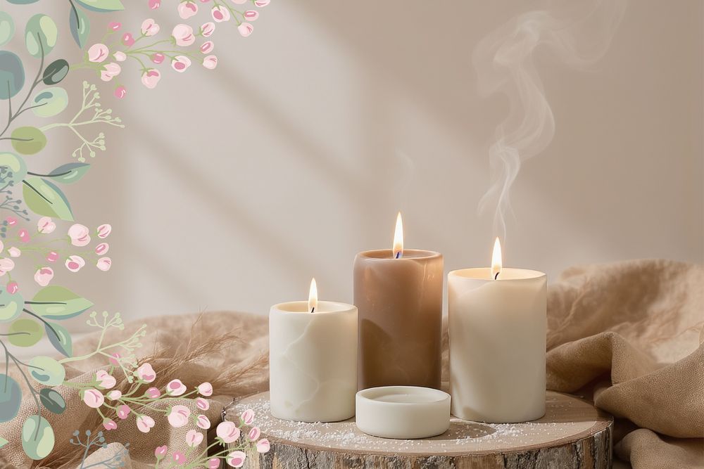 Softly lit candles on a wooden stand