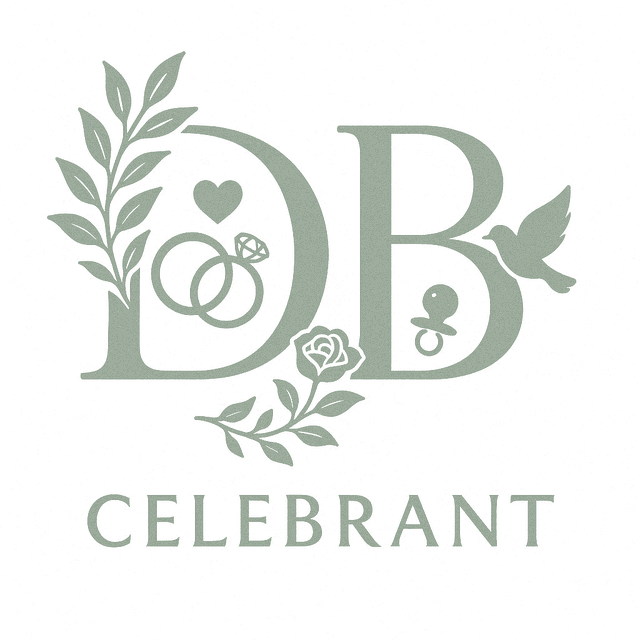 DB Celebrant — entwined initials with rings, rose, dove and olive sprigs